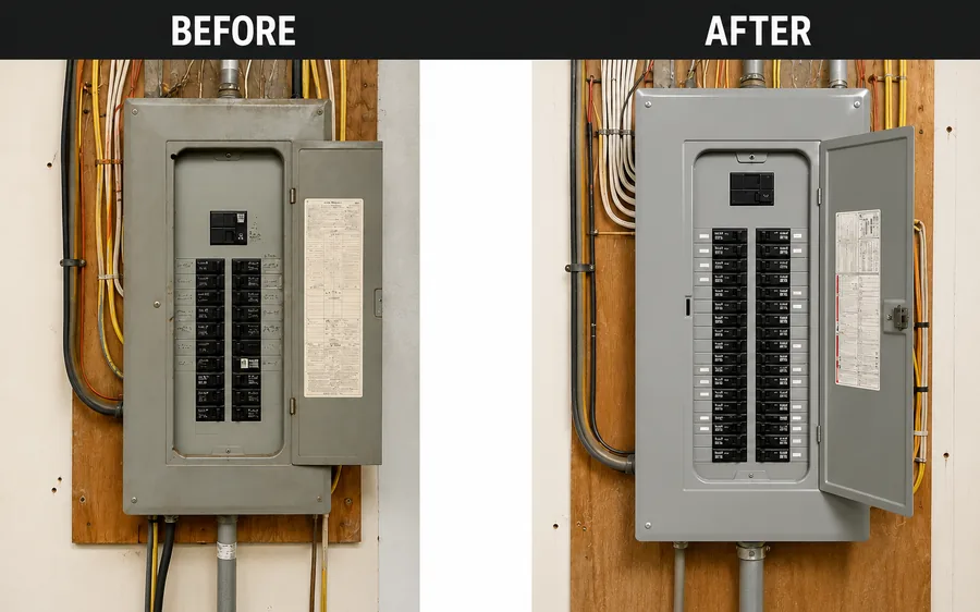 Before and after a panel upgrade: an aging load center on the left, a new panel with labeled breakers on the right