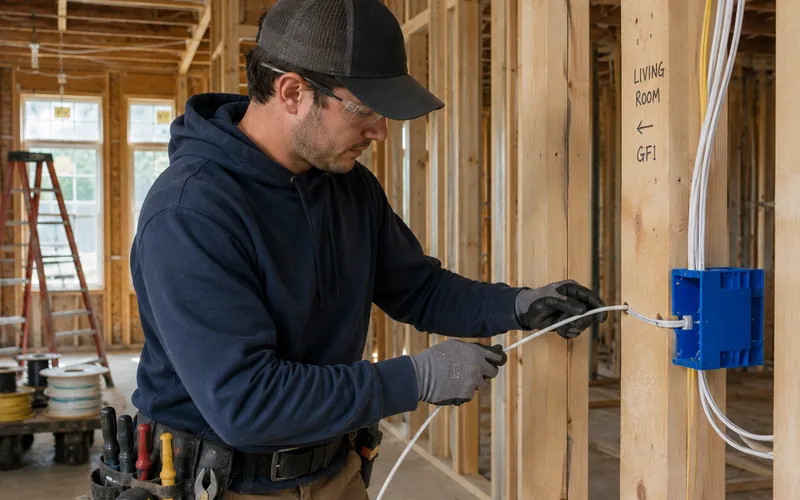 Electrician running new cable to a device box in a wood-framed wall during a rewire